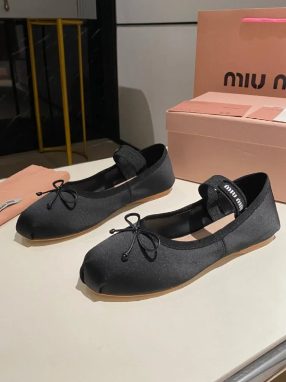 Miu Miu Black Flats Black Elastic Strap and Bow